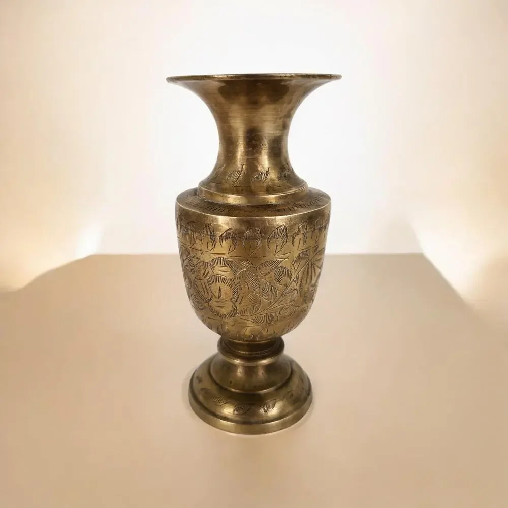 VTG Etched Brass Bud Vase Floral Design Made in India Boho Mediterranean